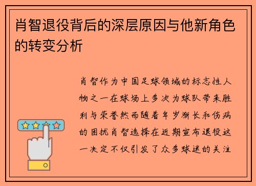 肖智退役背后的深层原因与他新角色的转变分析